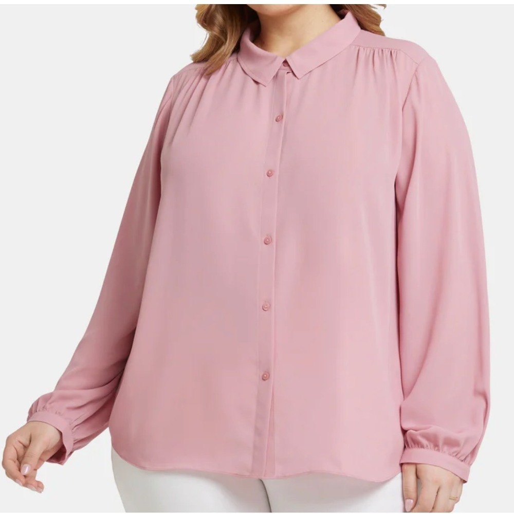 NYDJ Aphrodite Mauve Pink MODERN BLOUSE TOP Button-Up Crepe GATHERED TRIM sz XL